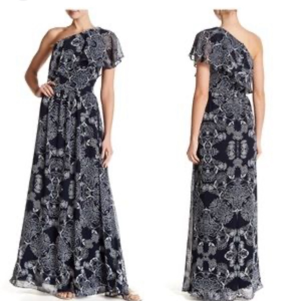 Vince camuto navy blue one shoulder maxi dress size 12p